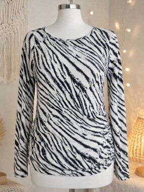 Parallel Skies Zebra Animal Print Ruched Long Sleeve Top L Mob Wife Y2K Club